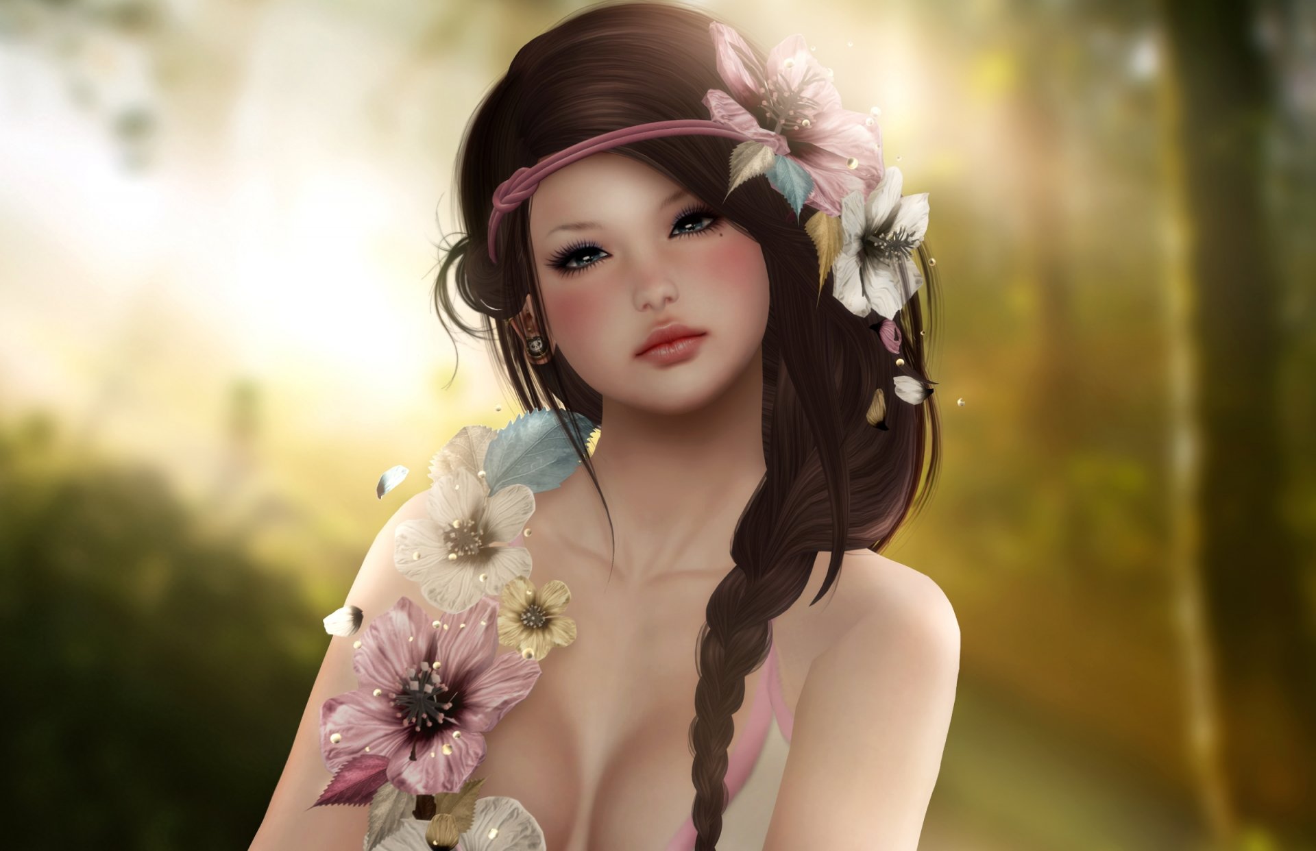 girl brunette hair flower