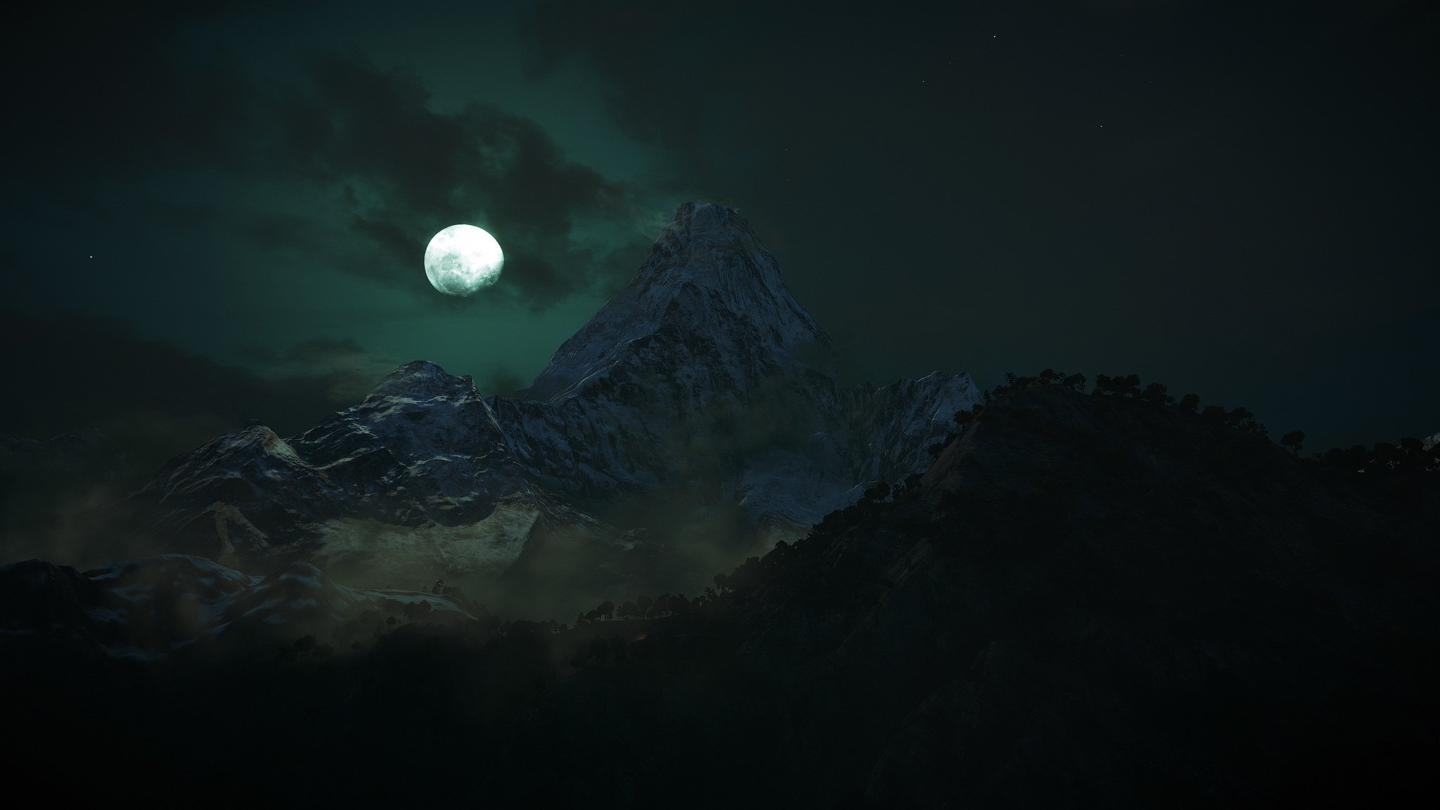 noche montañas nubes árboles luna renderizado