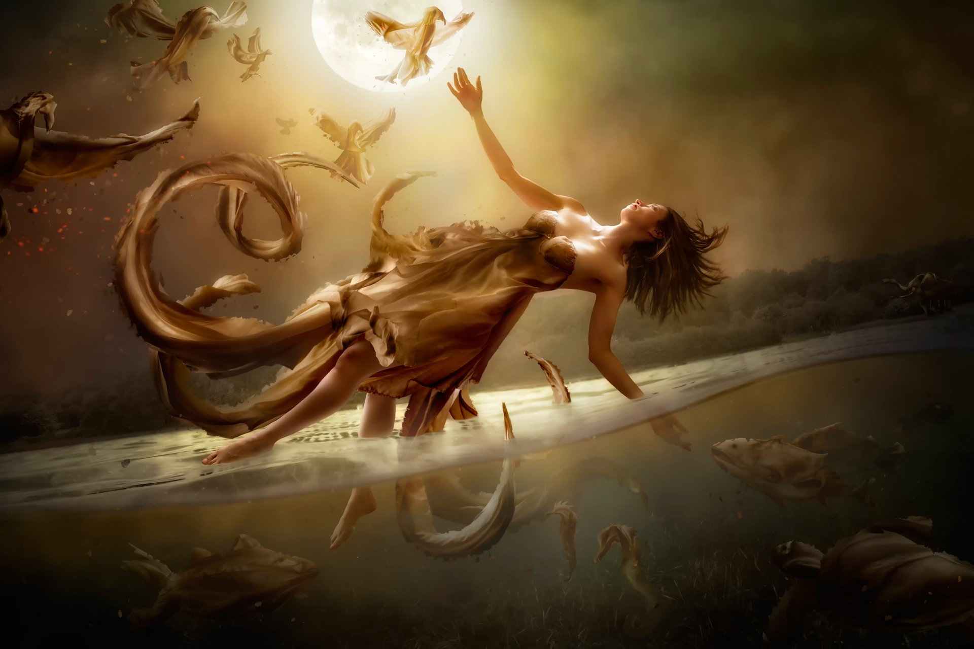 girl water moon art fantasy