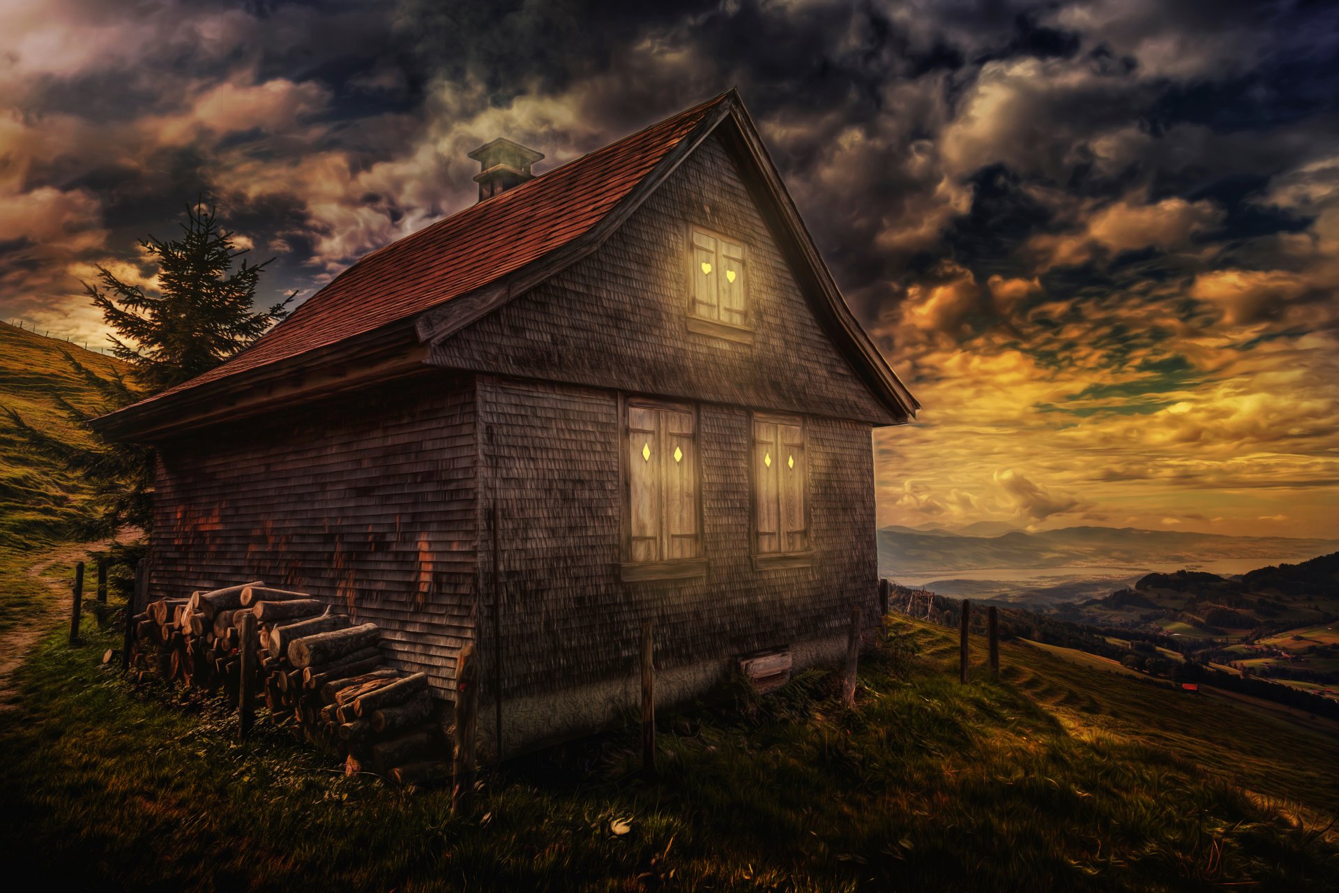 le calme de la nuit la maison le ciel les nuages le traitement