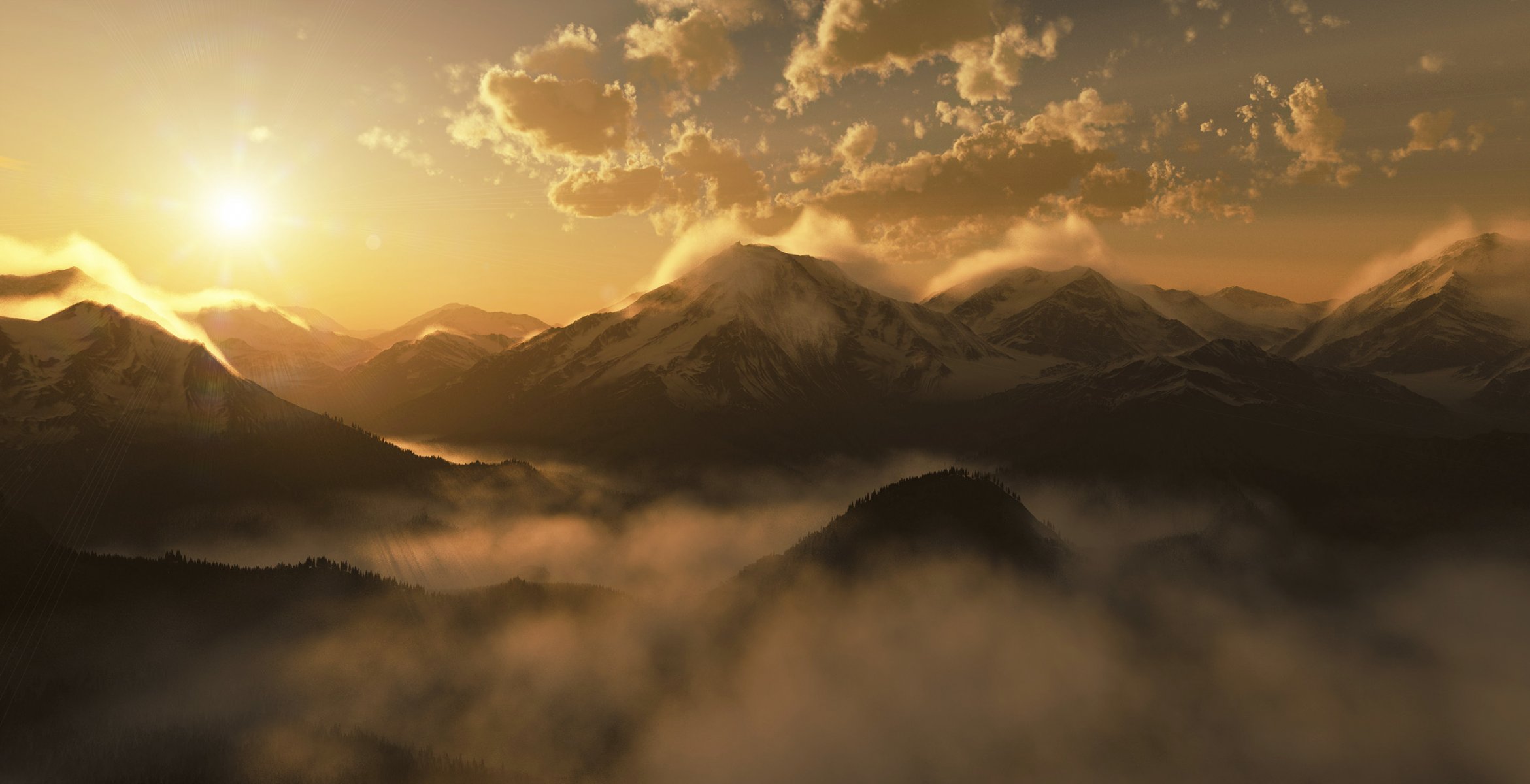 unrise morning mountain sun clouds fog