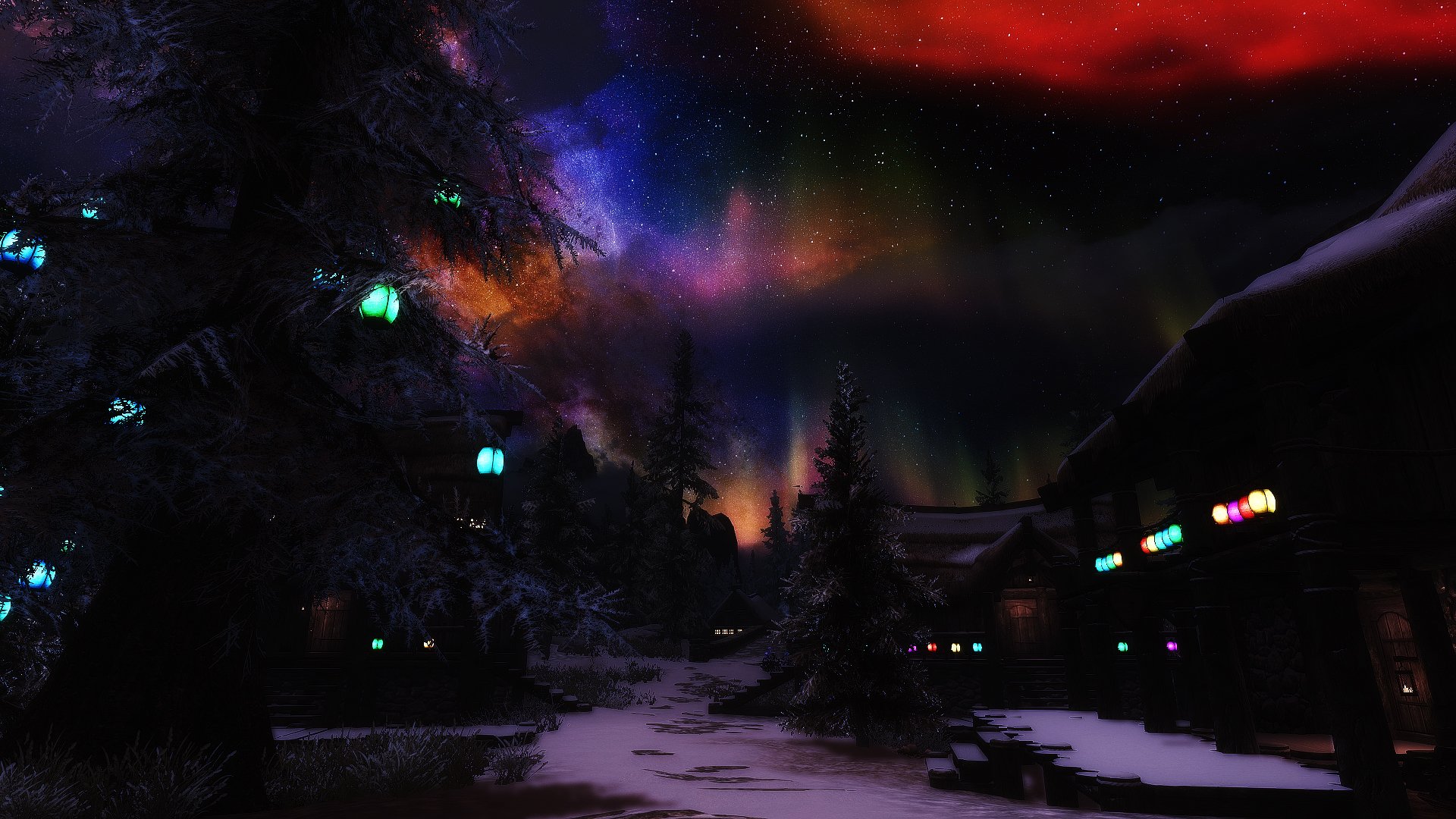 houses tree night lights northern lights star snow