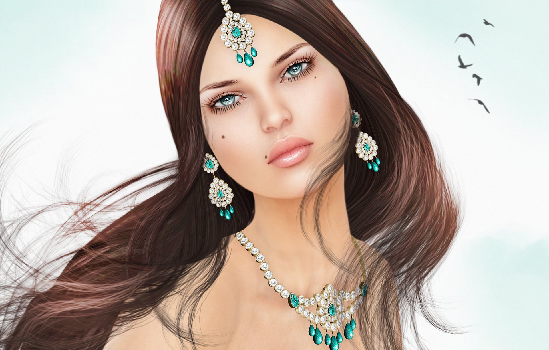 girl portrait face brunette mole decoration earrings necklace view