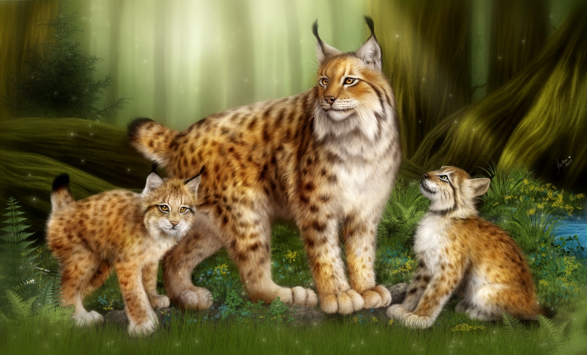 lynx cats family forest horses mother children