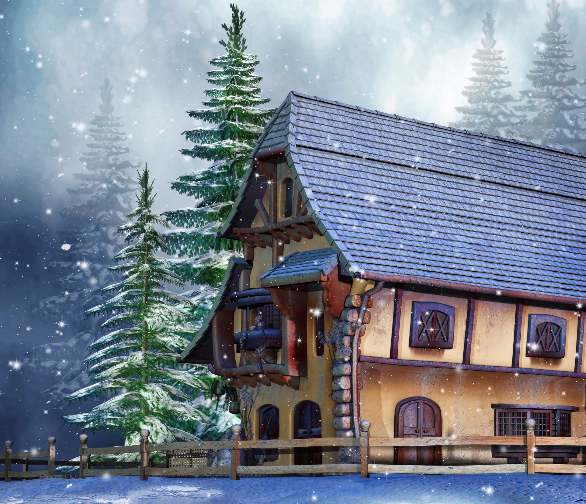 haus winter tanne schnee zaun 3d-grafik foto