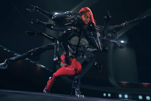 A cyborg woman with multiple arms. exoskeleton. metal gear rising