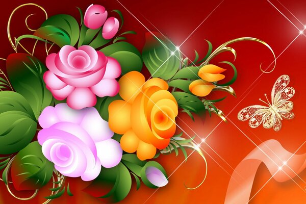 Tricolor bouquet and golden butterfly on a red background