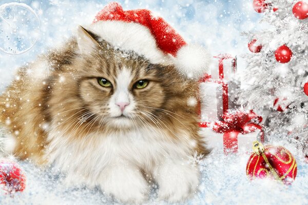 A New Year s cat in a Santa Claus cap