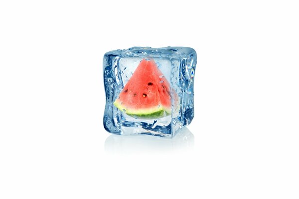 A piece of watermelon frozen in ice