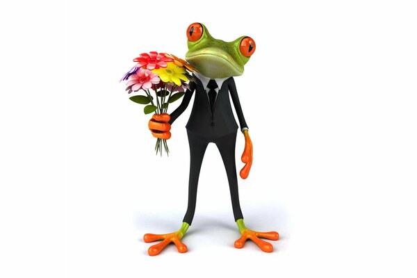 Eleganter Frosch mit Blumenstrauß