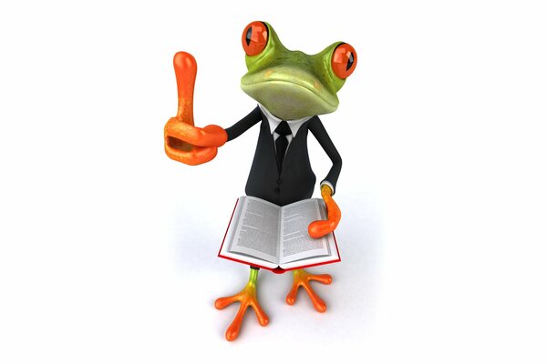 A frog in a suit with a book. 3d