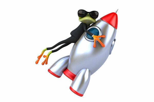 Frosch im Anzug und Brille auf einer Rakete