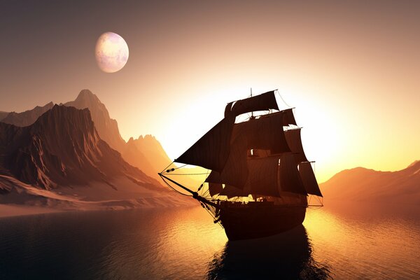 A ship at sea against the background of the setting sun