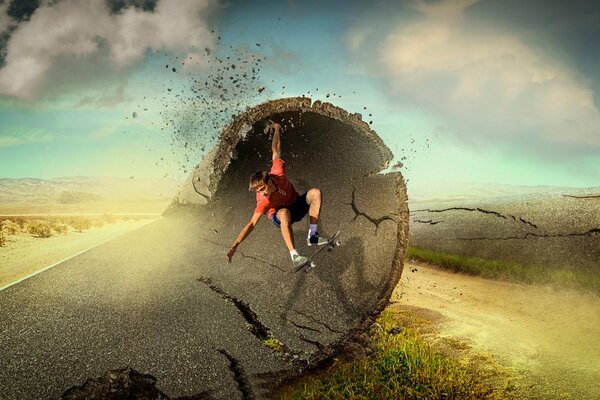 A guy on a skateboard. A wave of asphalt