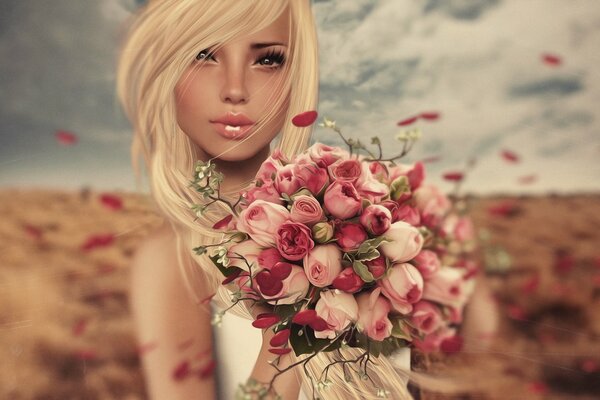 Blonde girl with a bouquet of roses