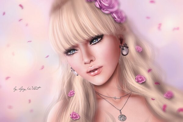 Blonde with bangs in rose petals