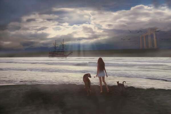 A girl with animals is standing on the shore