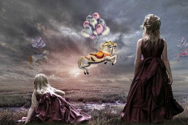 Two girls look at a flying horse with balloons