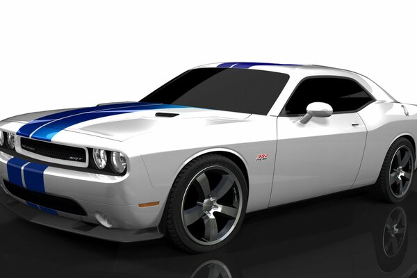 White sports car with blue stripes