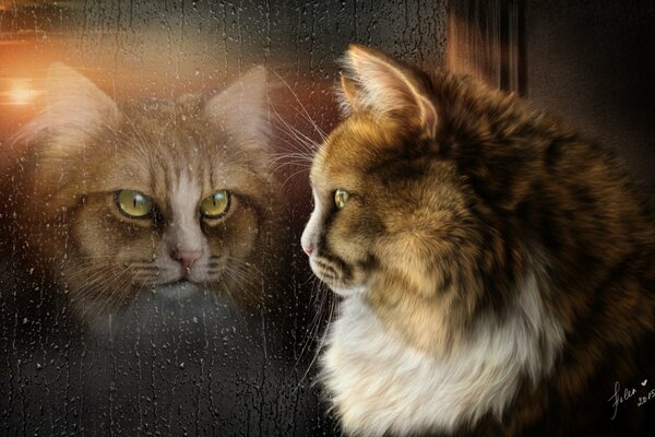 Auf dem nassen Fenster spiegelt sich die Katze wider