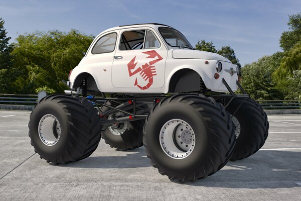 Voiture avec de grandes roues sur la route