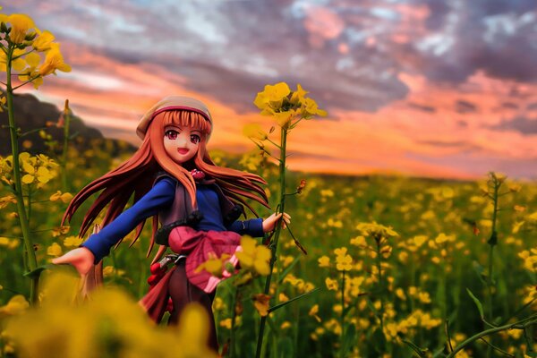 A red-haired girl in a field with yellow flowers