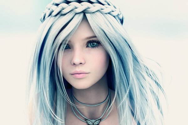 3d girl with blue hair with a wreath of braids on her head