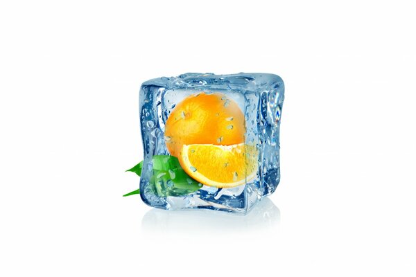 Frozen oranges in an ice cube on a white background