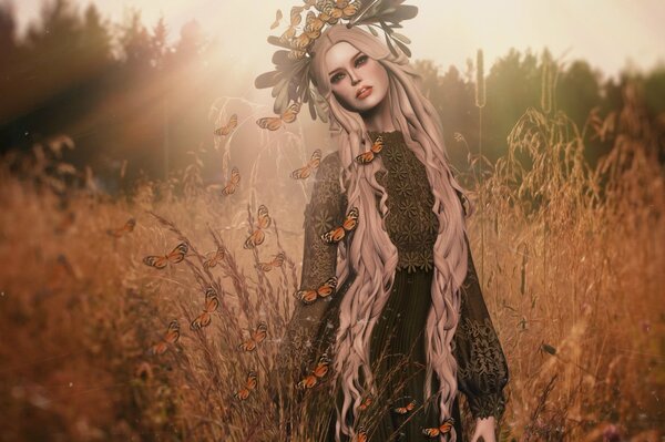 A long-haired girl in a wreath of leaves and butterflies