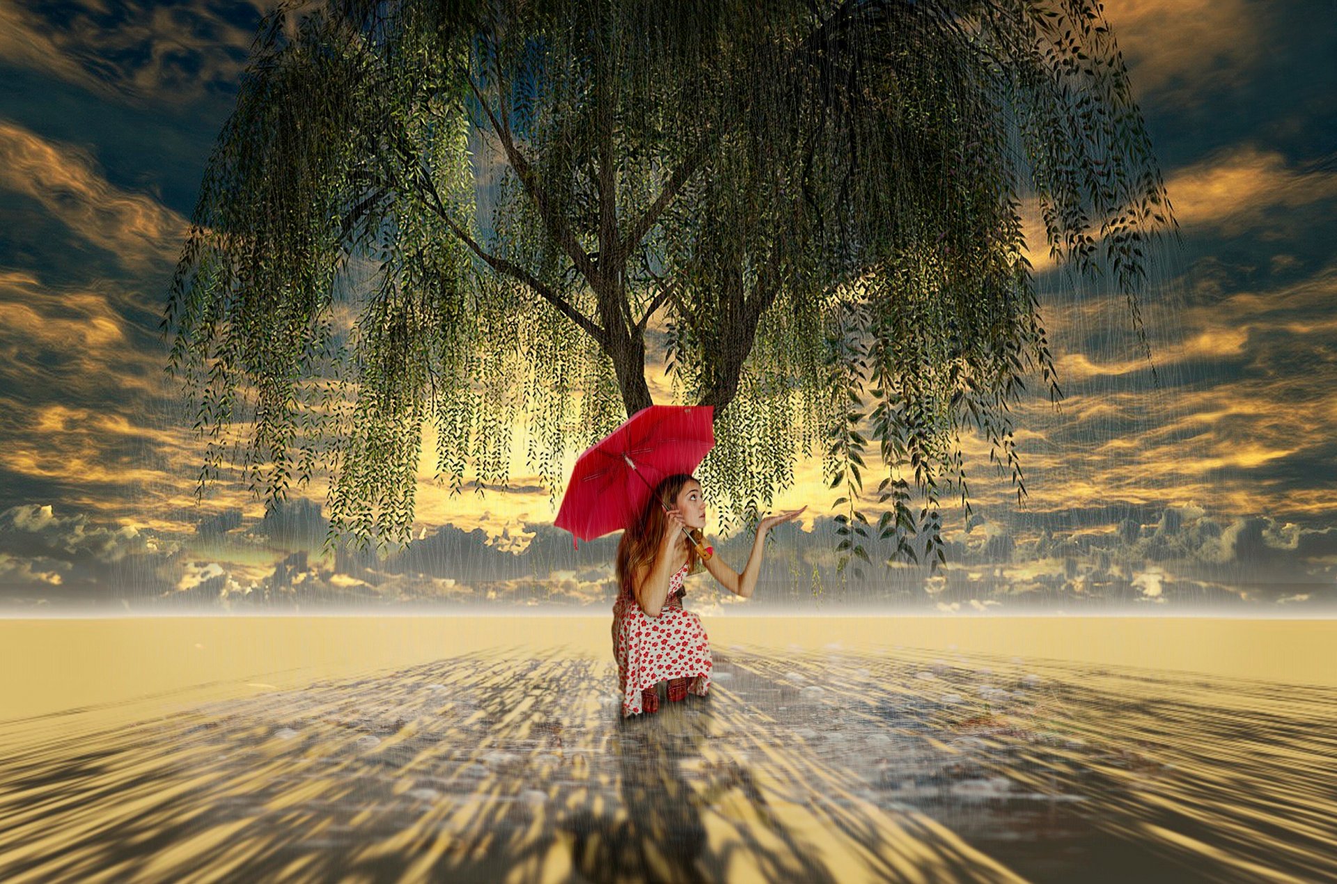 tree weeping willow girl umbrella art