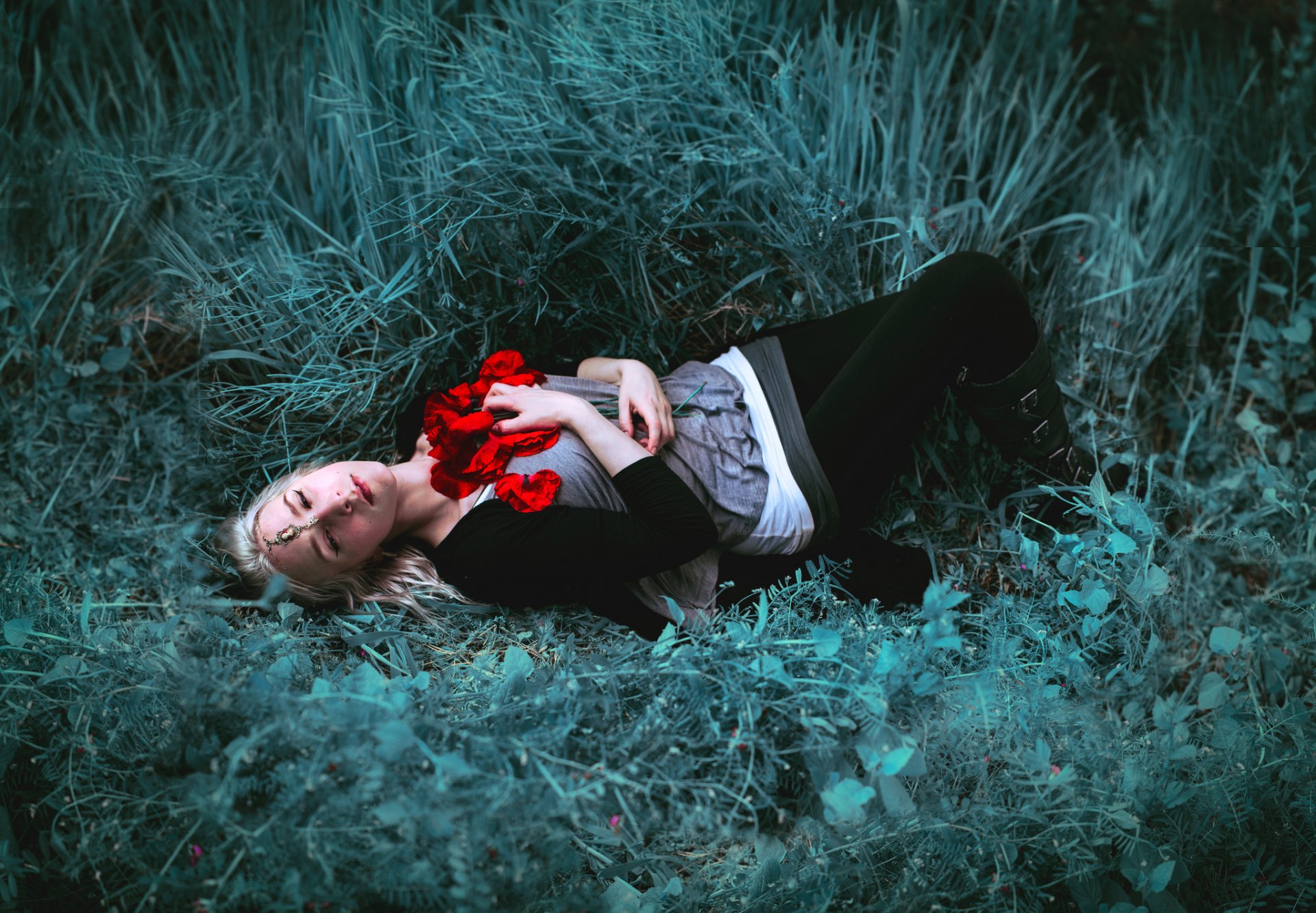 girl the field poppies flower