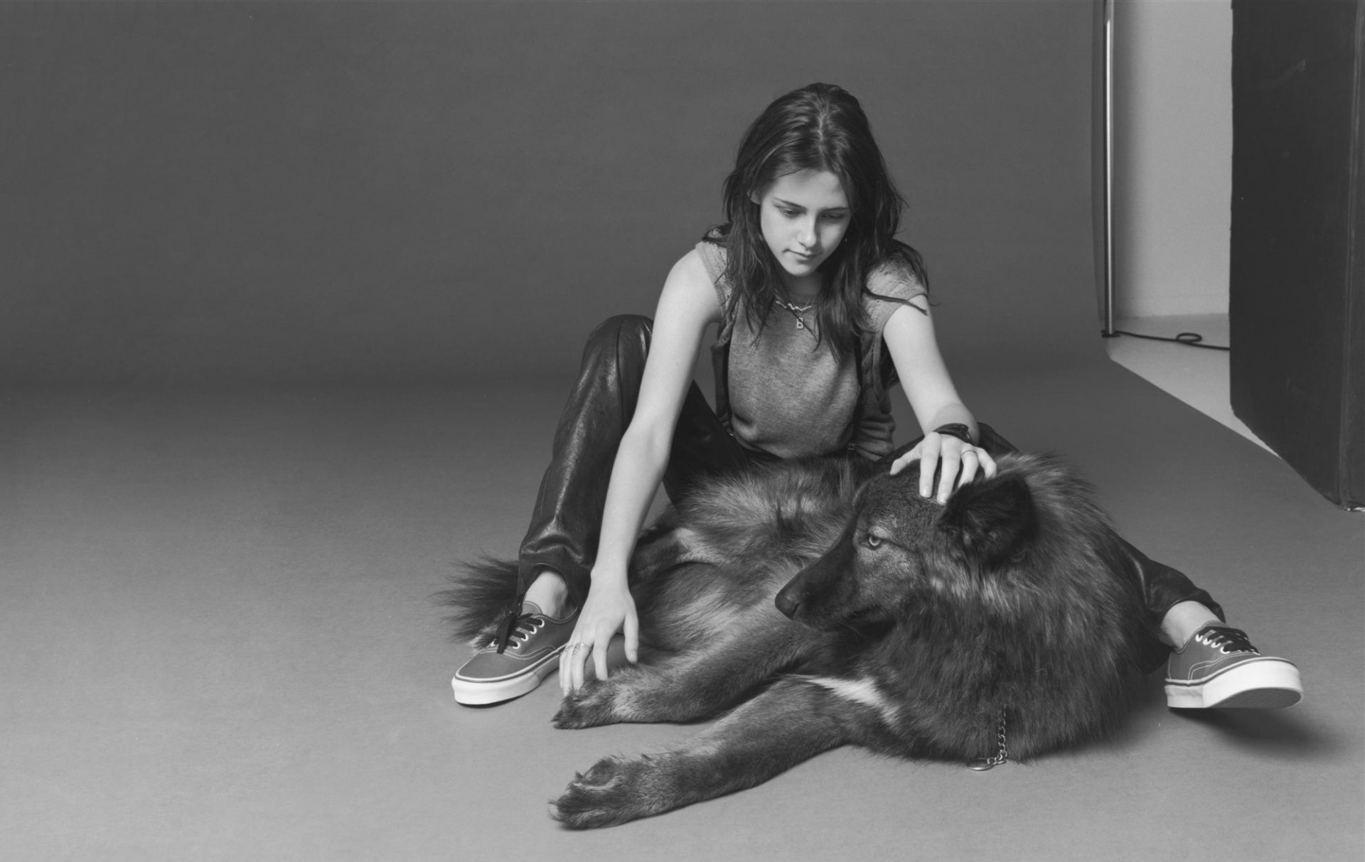 kristen stewart chica perro o lobo blanco y negro