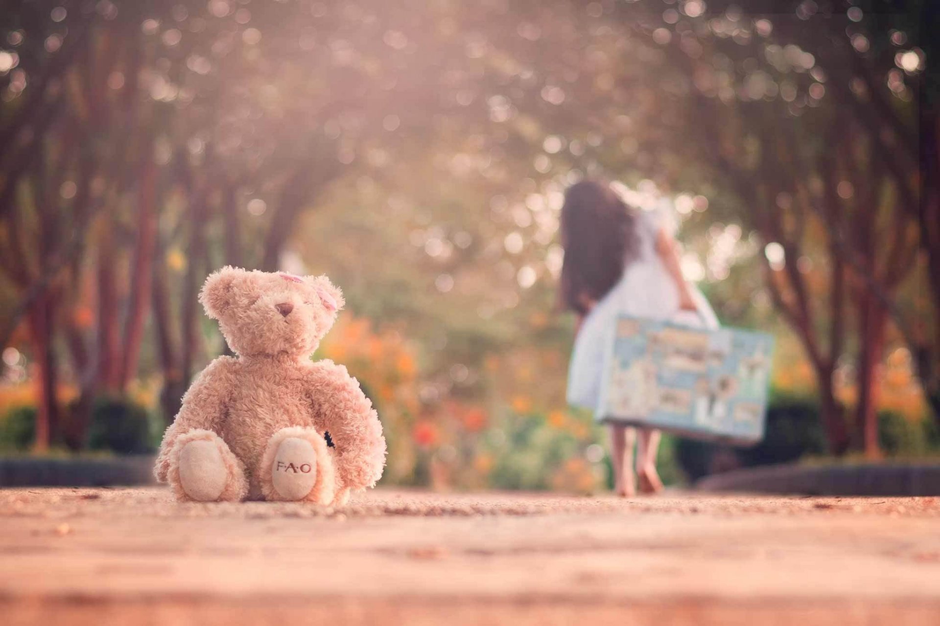 la fille une valise un chemin un jouet une peluche