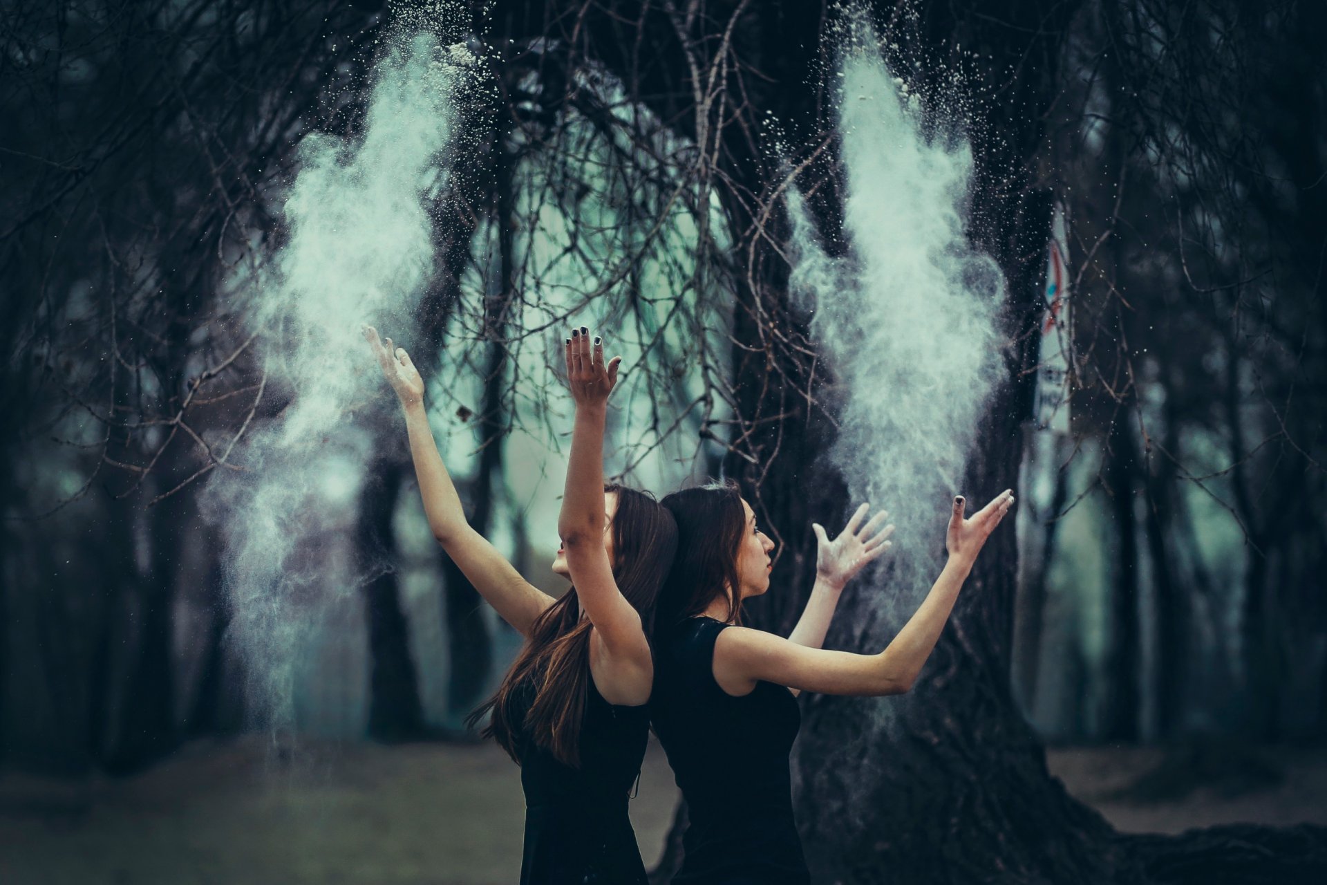 girls forest gesture dust