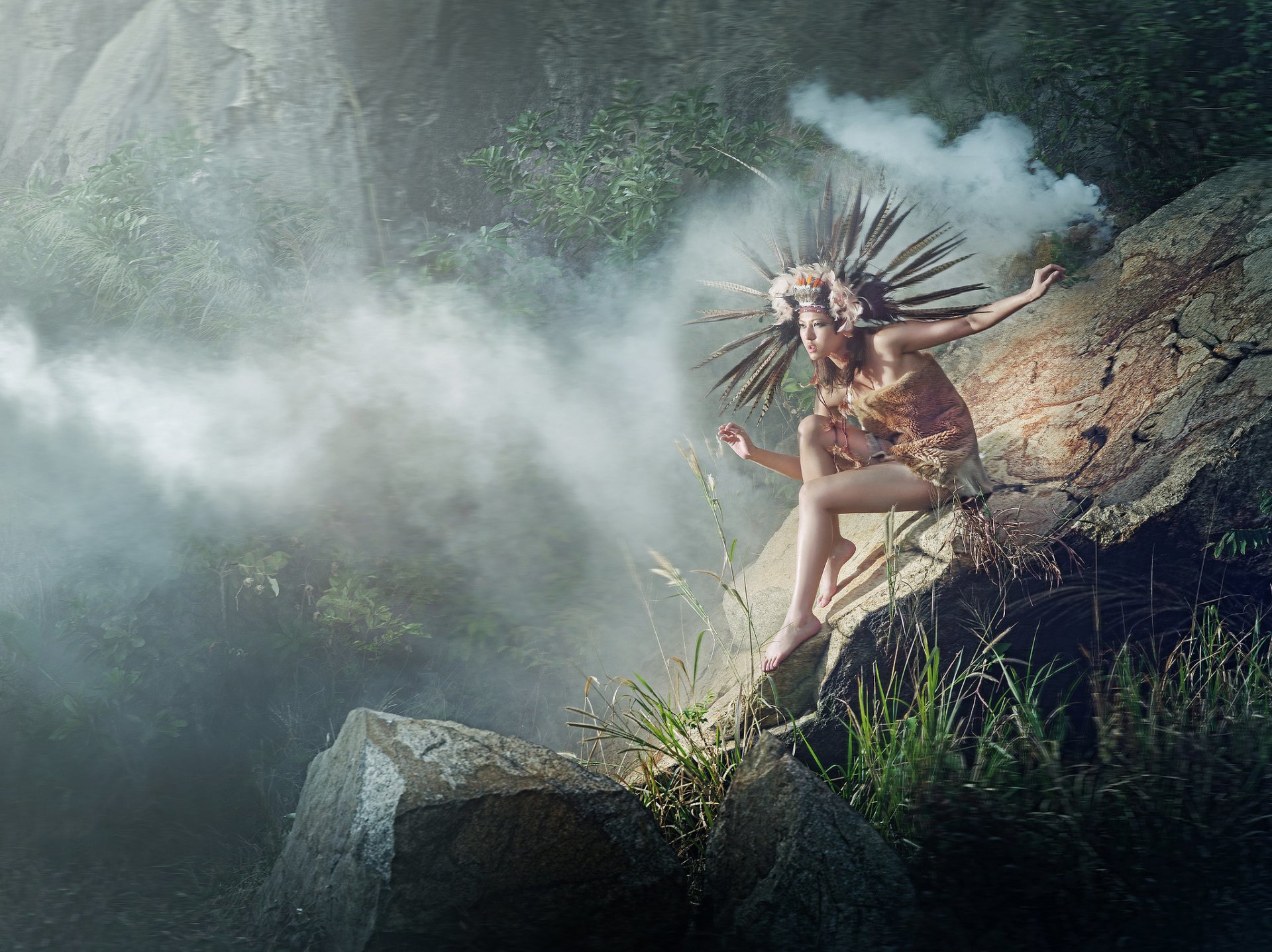 girl feathers pose stones fog jungle nature