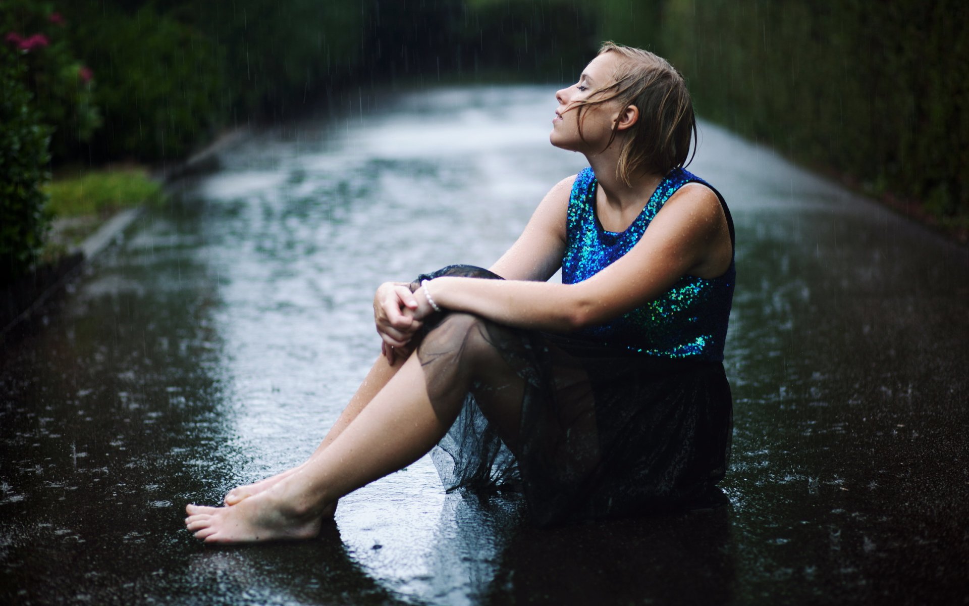 girl road rain mood