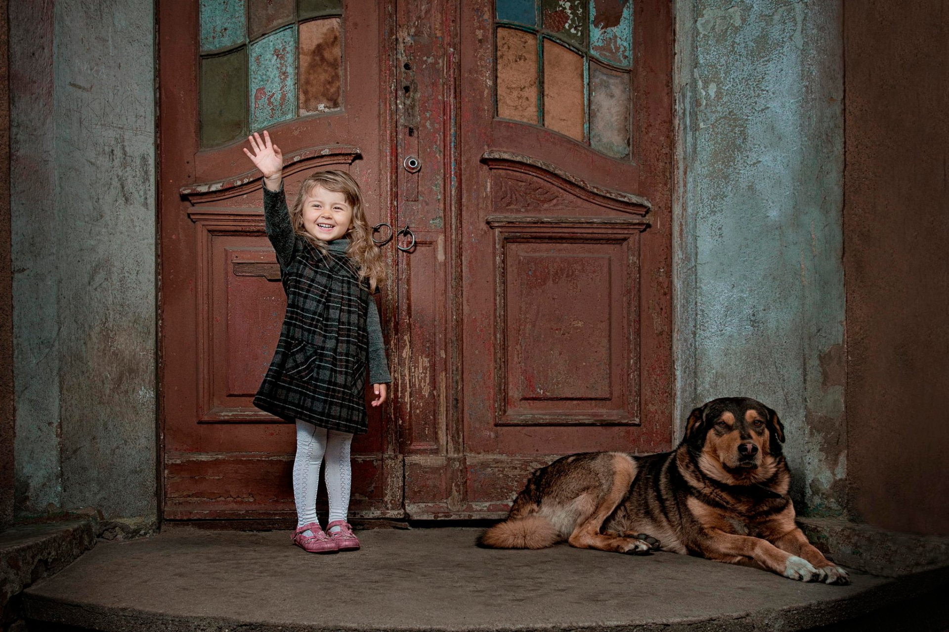 girl happiness laughter doors dog