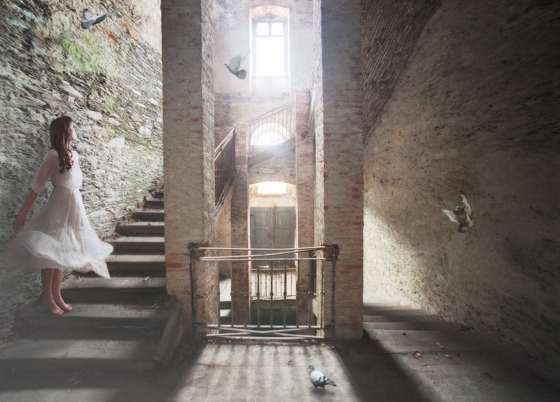 abandoned house girl dress blue