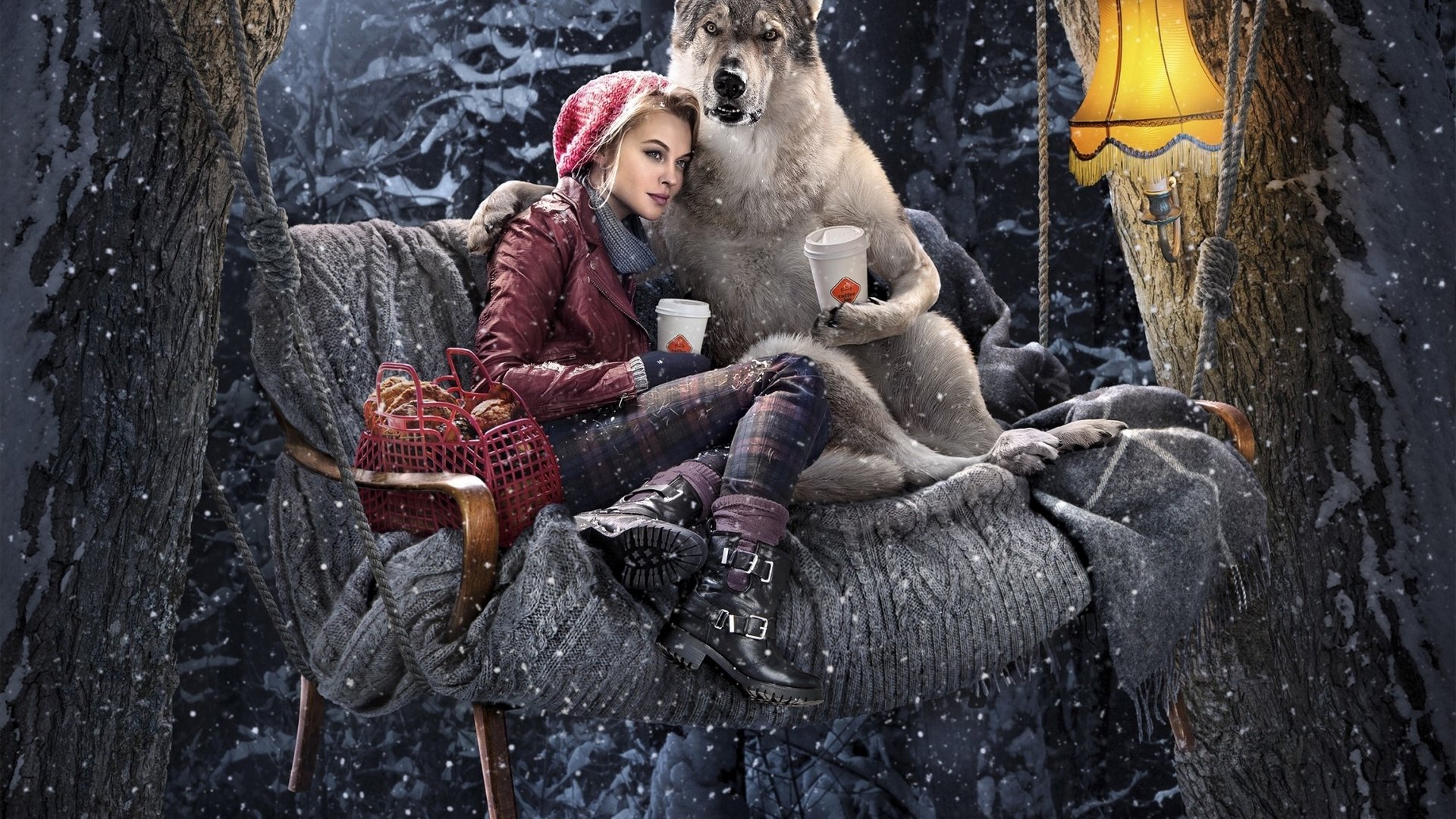 red riding hood wolf forest winter swing snow hug coffee patties light