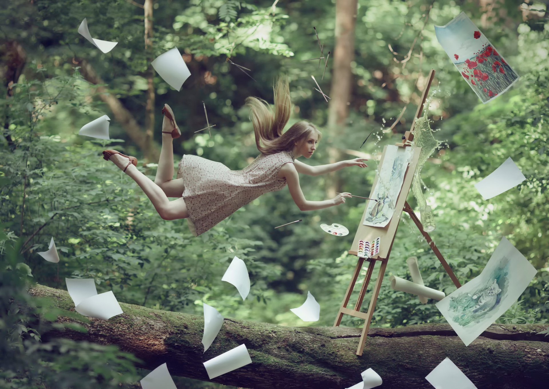 girl art levitation painting forest fantasy art