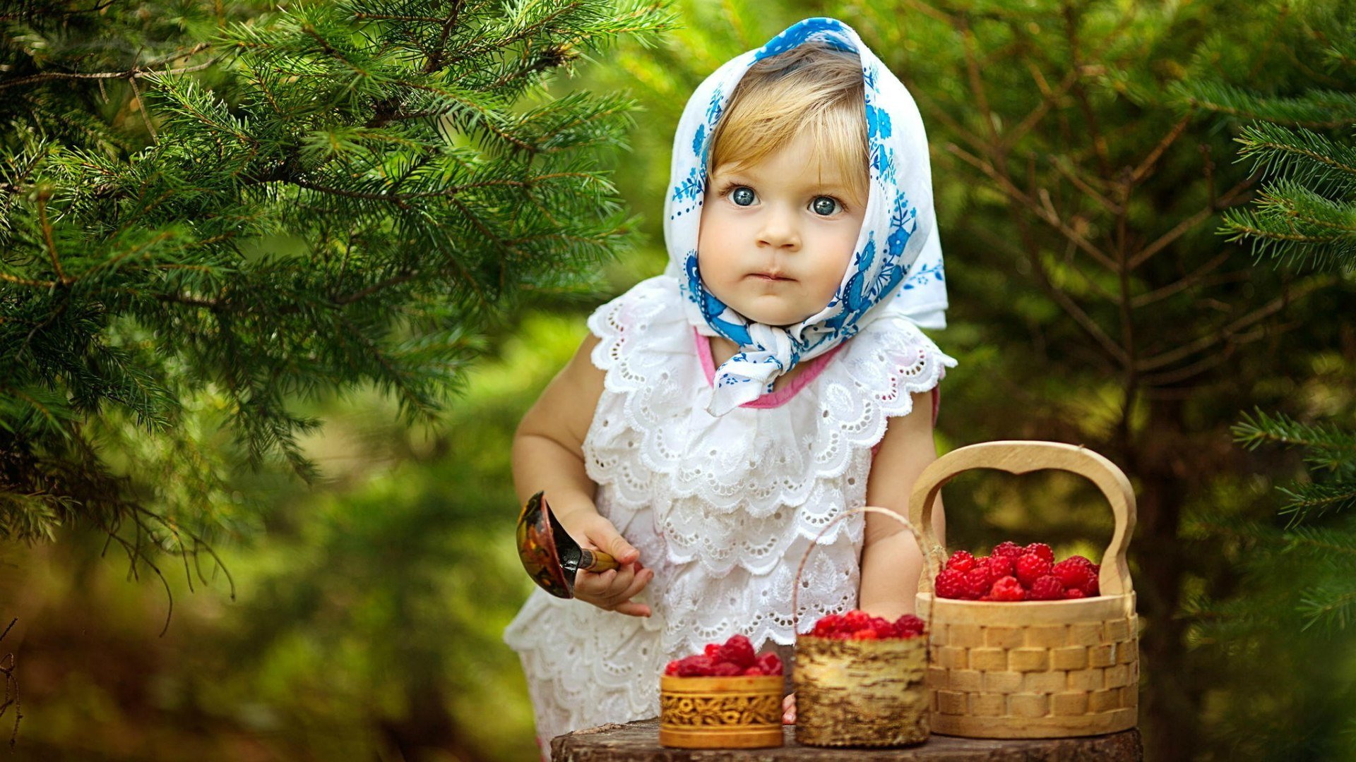 girl spruce forest berries raspberry eyes scarf spoon child trees raspberries shawl