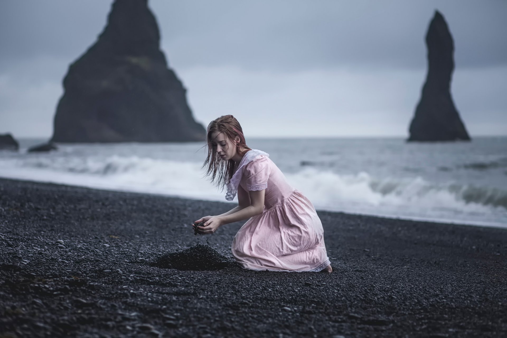 beach girl waves wind rain rock