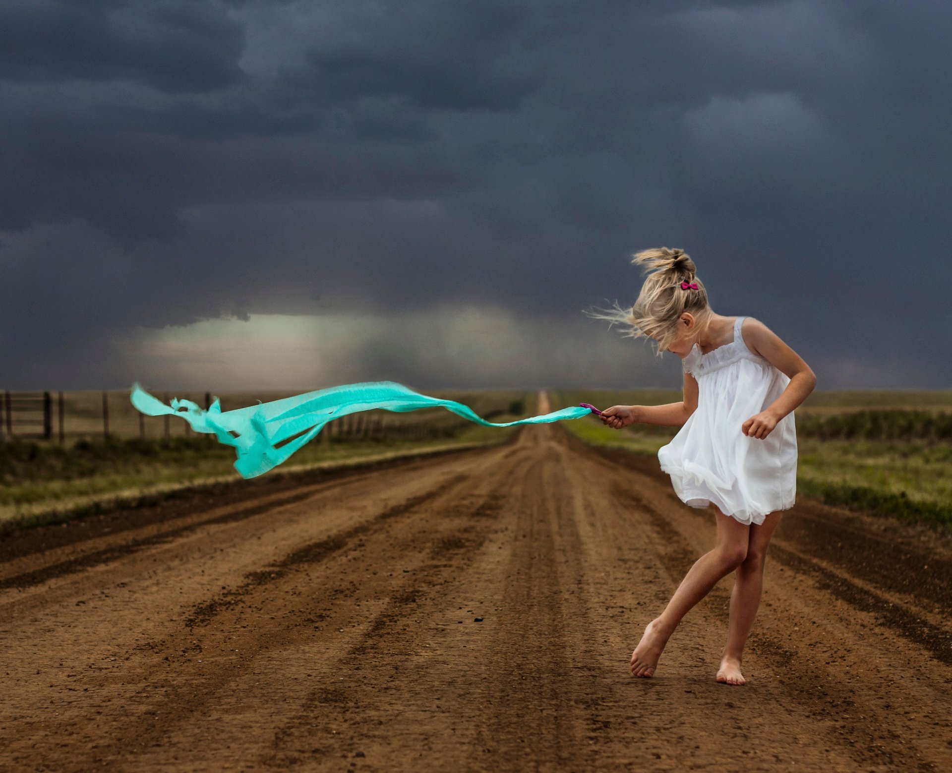 girl wind storm road cloud