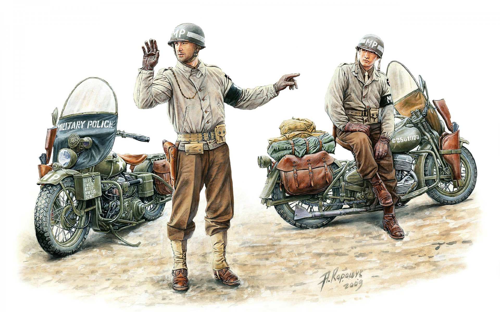 arte soldati us polizia militare americano polizia militare 2nd divisione di fanteria su harley-davidson moto wla modello 1942 usa artista a. karoshuk