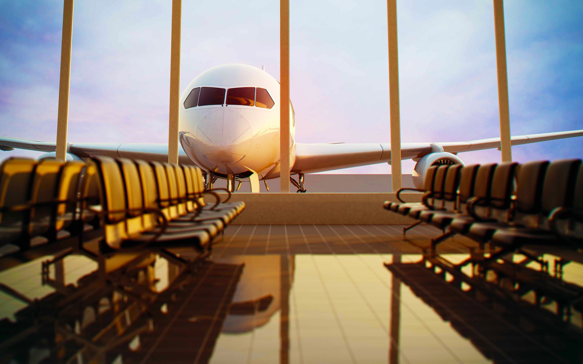 waiting airport terminal benches benches floor glass window departure airplane aviation sky evening usa america states reflection reflection tiles slabs widescreen wallpaper widescreen wallpaper vacation travel 1920x1200 beautiful wallpaper