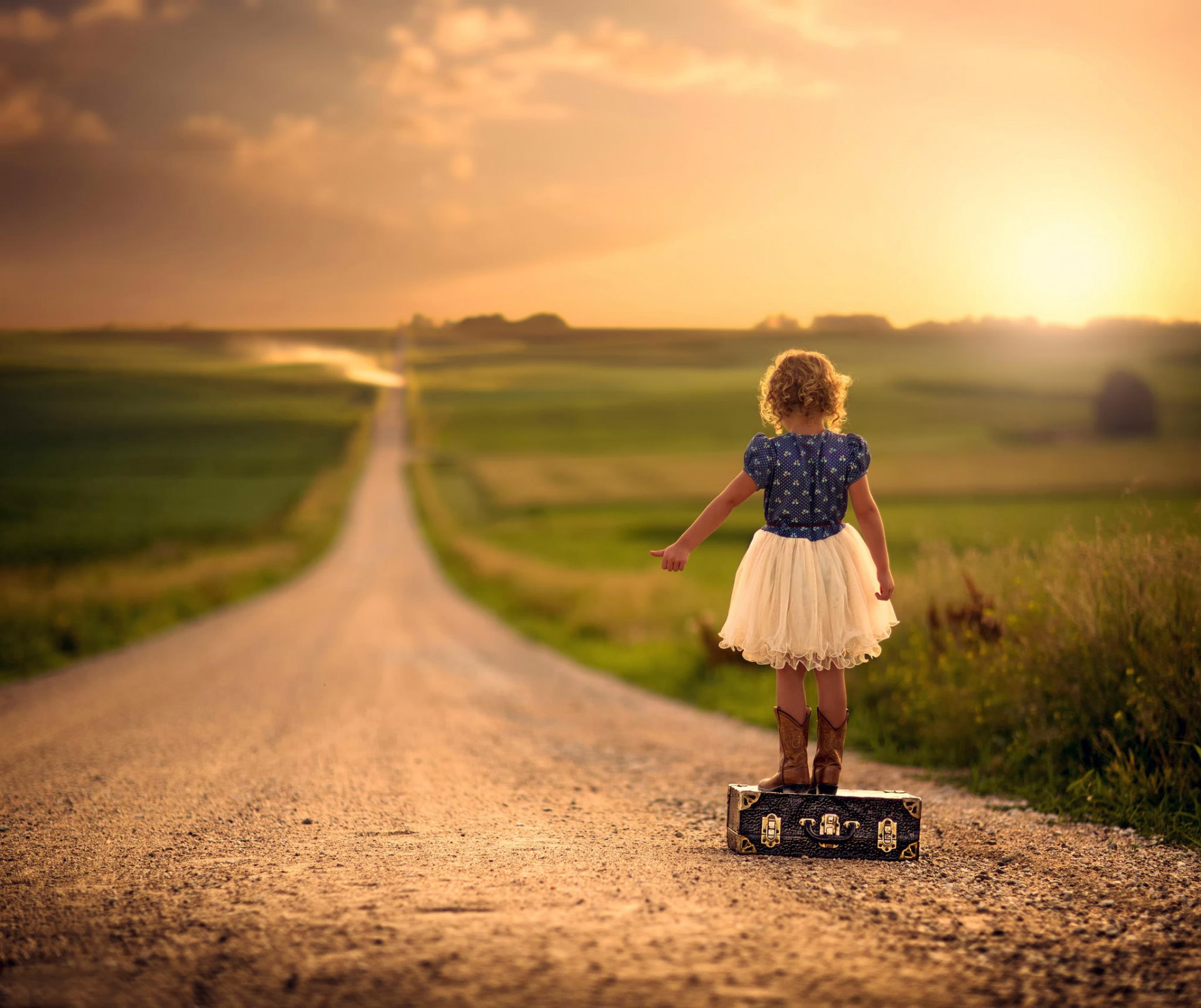 girl bag road space bokeh