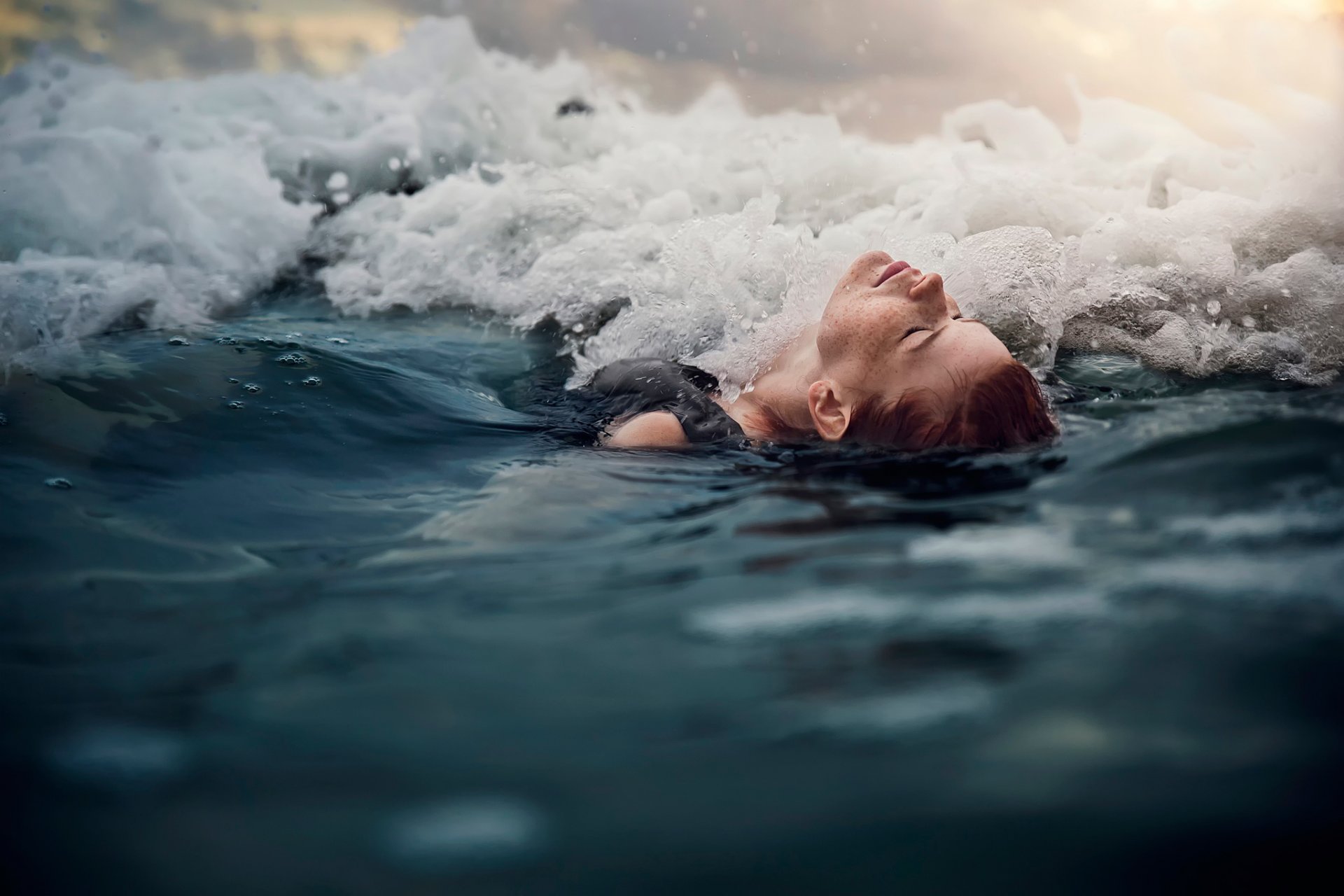 waves foam girl freckles wet