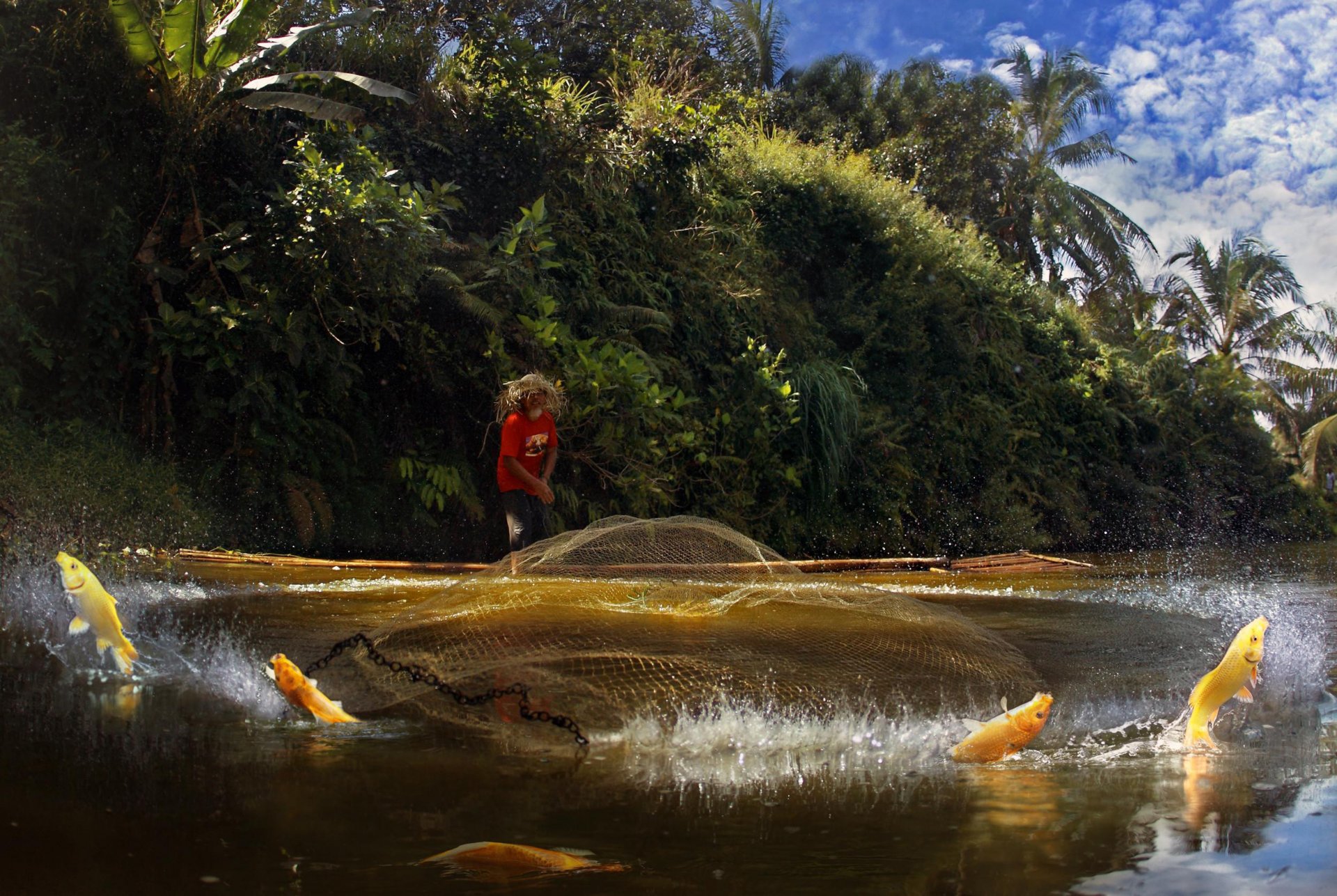 a fisherman network throw splash fish