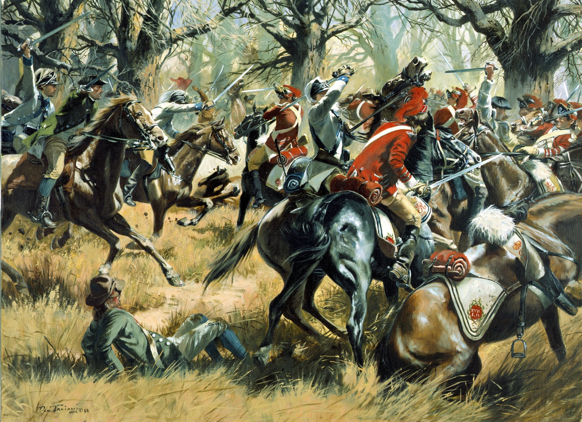 cowpens carolina del sur 17 de enero de 1781 batalla lucha dragones americanos caballería inglesa caballos armas equipo pintura lienzo óleo artista don troyani