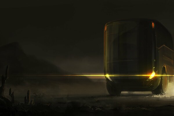 Futuristic bus on the night road